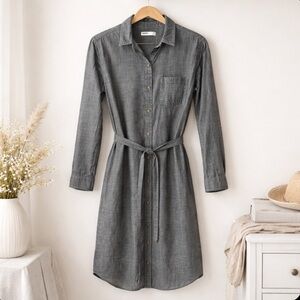Sonoma Grey Chambray Shirt Dress Small 100% Cotton Button Front Belted Casual
